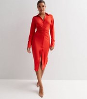 Public Desire Red Collared Long Sleeve Ruched Midi Shirt Dress